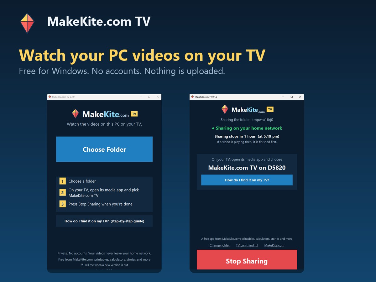 MakeKite.com TV on a PC, showing the Choose Folder screen and the sharing screen